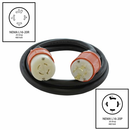 Ac Works 50ft SOOW 12/4 NEMA L16-20 20A 3-Phase 480V Industrial Rubber Extension Cord L1620PR-050